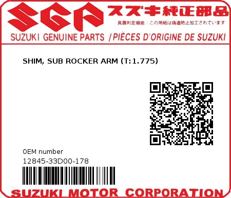 Product image: Suzuki - 12845-33D00-178 - SHIM, SUB ROCKER ARM (T:1.775) 