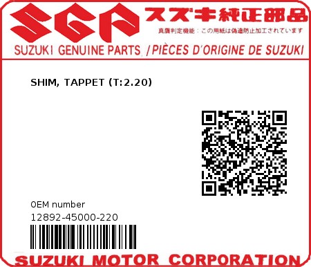 Product image: Suzuki - 12892-45000-220 - SHIM, TAPPET (T:2.20) 