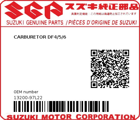 Product image: Suzuki - 13200-97L22 - CARBURETOR DF4/5/6  0