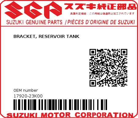 Product image: Suzuki - 17920-23K00 - BRACKET, RESERVOIR TANK 