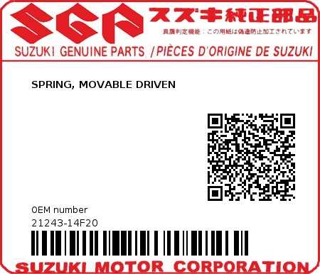 Product image: Suzuki - 21243-14F20 - SPRING, MOVABLE DRIVEN          0