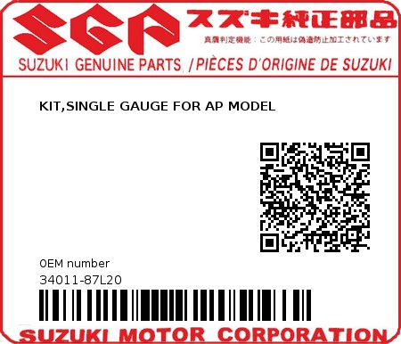 Product image: Suzuki - 34011-87L20 - KIT,SINGLE GAUGE FOR AP MODEL  0