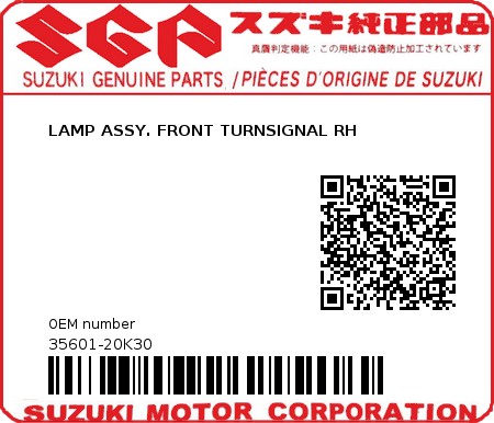 Product image: Suzuki - 35601-20K30 - LAMP ASSY. FRONT TURNSIGNAL RH 