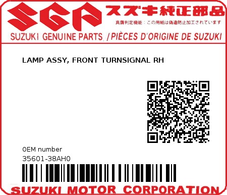 Product image: Suzuki - 35601-38AH0 - LAMP ASSY, FRONT TURNSIGNAL RH         