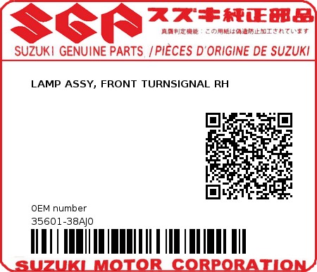 Product image: Suzuki - 35601-38AJ0 - LAMP ASSY, FRONT TURNSIGNAL RH         