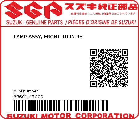 Product image: Suzuki - 35601-45C00 - LAMP ASSY, FRONT TURN RH         