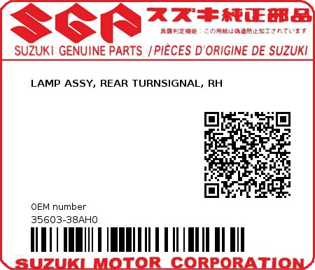 Product image: Suzuki - 35603-38AH0 - LAMP ASSY, REAR TURNSIGNAL, RH         