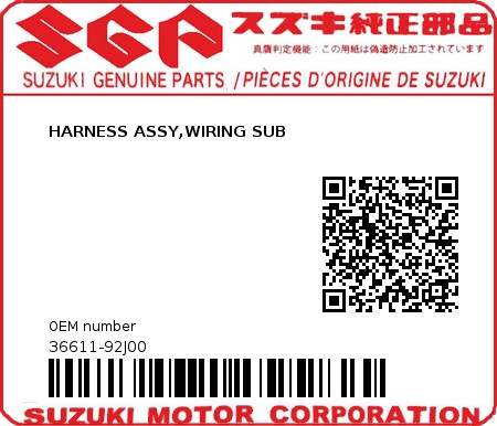 Product image: Suzuki - 36611-92J00 - HARNESS ASSY,WIRING SUB  0