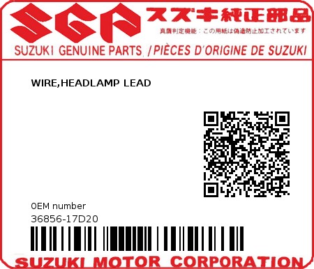 Product image: Suzuki - 36856-17D20 - WIRE,HEADLAMP LEAD 