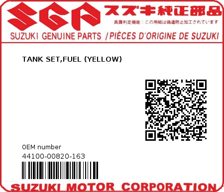 Product image: Suzuki - 44100-00820-163 - TANK SET,FUEL (YELLOW) 