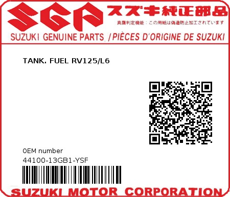 Product image: Suzuki - 44100-13GB1-YSF - TANK. FUEL RV125/L6  0