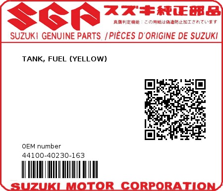 Product image: Suzuki - 44100-40230-163 - TANK, FUEL (YELLOW) 