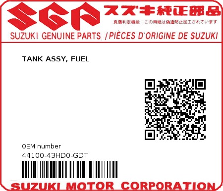 Product image: Suzuki - 44100-43HD0-GDT - TANK ASSY, FUEL  0