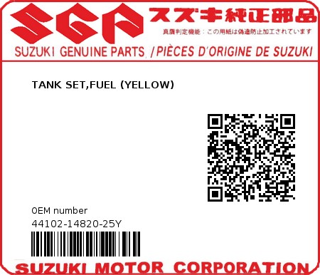 Product image: Suzuki - 44102-14820-25Y - TANK SET,FUEL (YELLOW) 