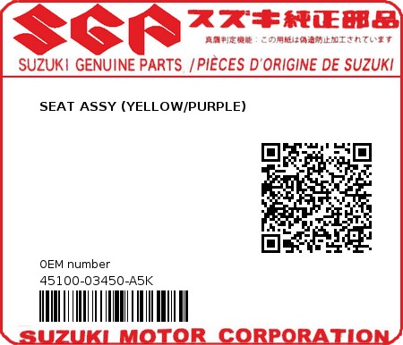 Product image: Suzuki - 45100-03450-A5K - SEAT ASSY (YELLOW/PURPLE) 