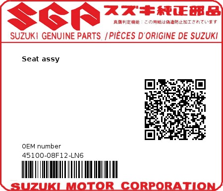 Product image: Suzuki - 45100-08F12-LN6 - Seat assy  0