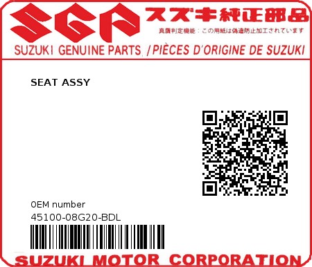 Product image: Suzuki - 45100-08G20-BDL - SEAT ASSY  0