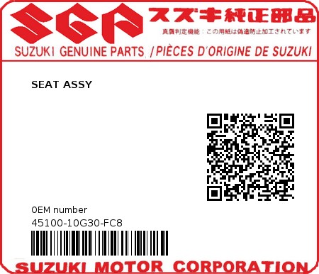 Product image: Suzuki - 45100-10G30-FC8 - SEAT ASSY 