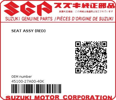 Product image: Suzuki - 45100-27A00-40K - SEAT ASSY (RED) 