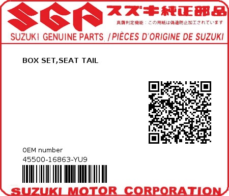 Product image: Suzuki - 45500-16863-YU9 - BOX SET,SEAT TAIL  0