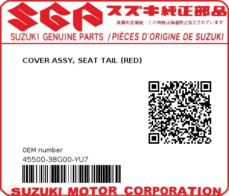 Product image: Suzuki - 45500-38G00-YU7 - COVER ASSY, SEAT TAIL (RED)  0