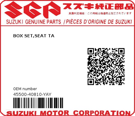 Product image: Suzuki - 45500-40810-YAY - BOX SET,SEAT TA  0