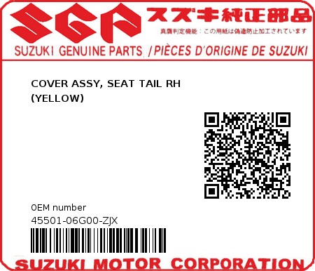 Product image: Suzuki - 45501-06G00-ZJX - COVER ASSY, SEAT TAIL RH                     (YELLOW) 