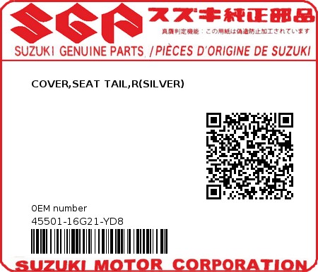 Product image: Suzuki - 45501-16G21-YD8 - COVER,SEAT TAIL,R(SILVER)  0