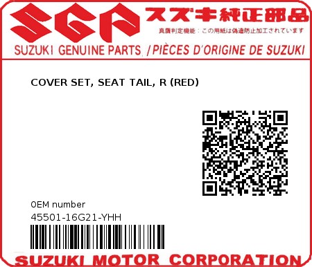 Product image: Suzuki - 45501-16G21-YHH - COVER SET, SEAT TAIL, R (RED)  0