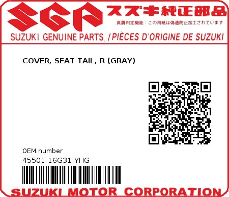 Product image: Suzuki - 45501-16G31-YHG - COVER, SEAT TAIL, R (GRAY) 