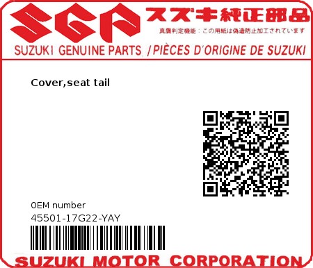 Product image: Suzuki - 45501-17G22-YAY - Cover,seat tail  0