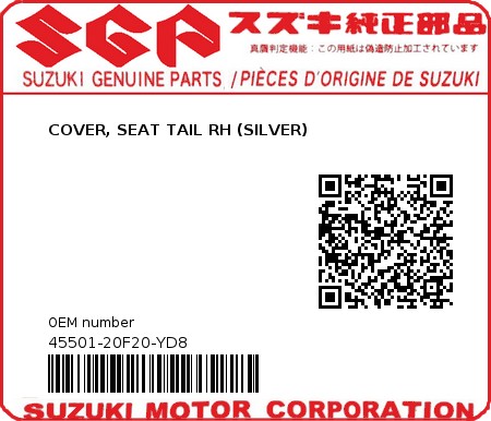 Product image: Suzuki - 45501-20F20-YD8 - COVER, SEAT TAIL RH (SILVER)  0