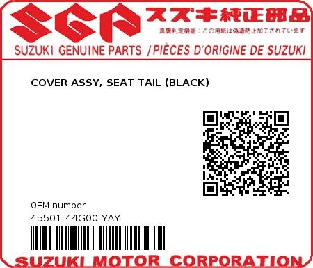 Product image: Suzuki - 45501-44G00-YAY - COVER ASSY, SEAT TAIL (BLACK)  0