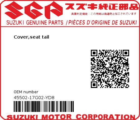 Product image: Suzuki - 45502-17G02-YD8 - Cover,seat tail  0