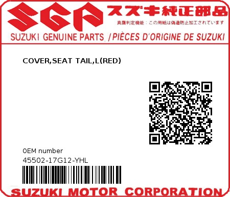 Product image: Suzuki - 45502-17G12-YHL - COVER,SEAT TAIL,L(RED)  0