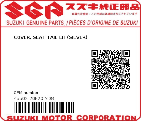 Product image: Suzuki - 45502-20F20-YD8 - C0VER, SEAT TAIL LH (SILVER)  0
