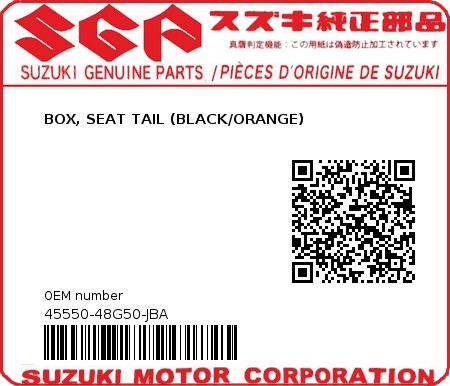 Product image: Suzuki - 45550-48G50-JBA - BOX, SEAT TAIL (BLACK/ORANGE)  0