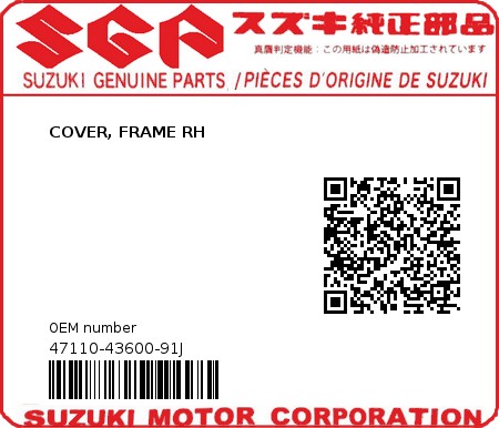 Product image: Suzuki - 47110-43600-91J - COVER, FRAME RH 