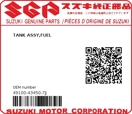 Product image: Suzuki - 49100-43450-7JJ - TANK ASSY,FUEL 