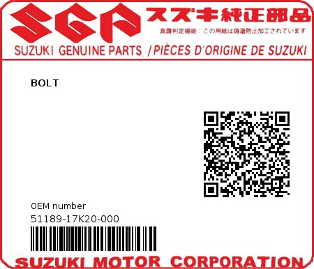 Product image: Suzuki - 51189-17K20-000 - BOLT 