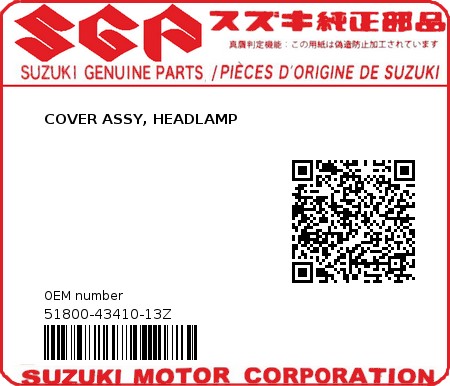 Product image: Suzuki - 51800-43410-13Z - COVER ASSY, HEADLAMP 