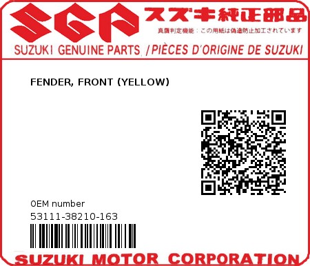 Product image: Suzuki - 53111-38210-163 - FENDER, FRONT (YELLOW) 