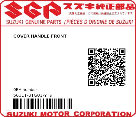 Product image: Suzuki - 56311-31G01-YT9 - COVER,HANDLE FRONT  0