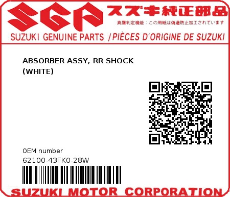 Product image: Suzuki - 62100-43FK0-28W - ABSORBER ASSY, RR SHOCK                       (WHITE) 