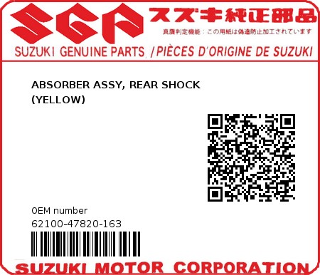 Product image: Suzuki - 62100-47820-163 - ABSORBER ASSY, REAR SHOCK        (YELLOW)  0