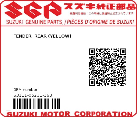 Product image: Suzuki - 63111-05231-163 - FENDER, REAR (YELLOW) 