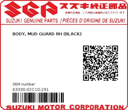 Product image: Suzuki - 63330-02C10-291 - BODY, MUD GUARD RH (BLACK) 