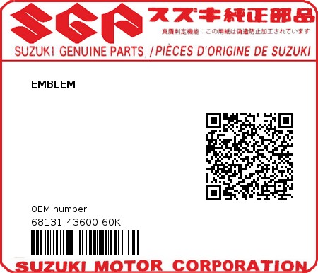 Product image: Suzuki - 68131-43600-60K - EMBLEM  0