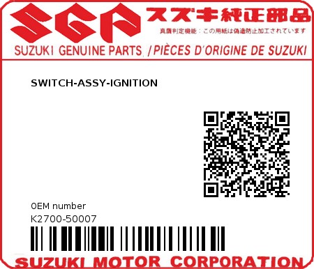 Product image: Suzuki - K2700-50007 - SWITCH-ASSY-IGNITION          0