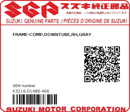 Product image: Suzuki - K3216-01486-466 - FRAME-COMP,DOWNTUBE,RH,GRAY  0